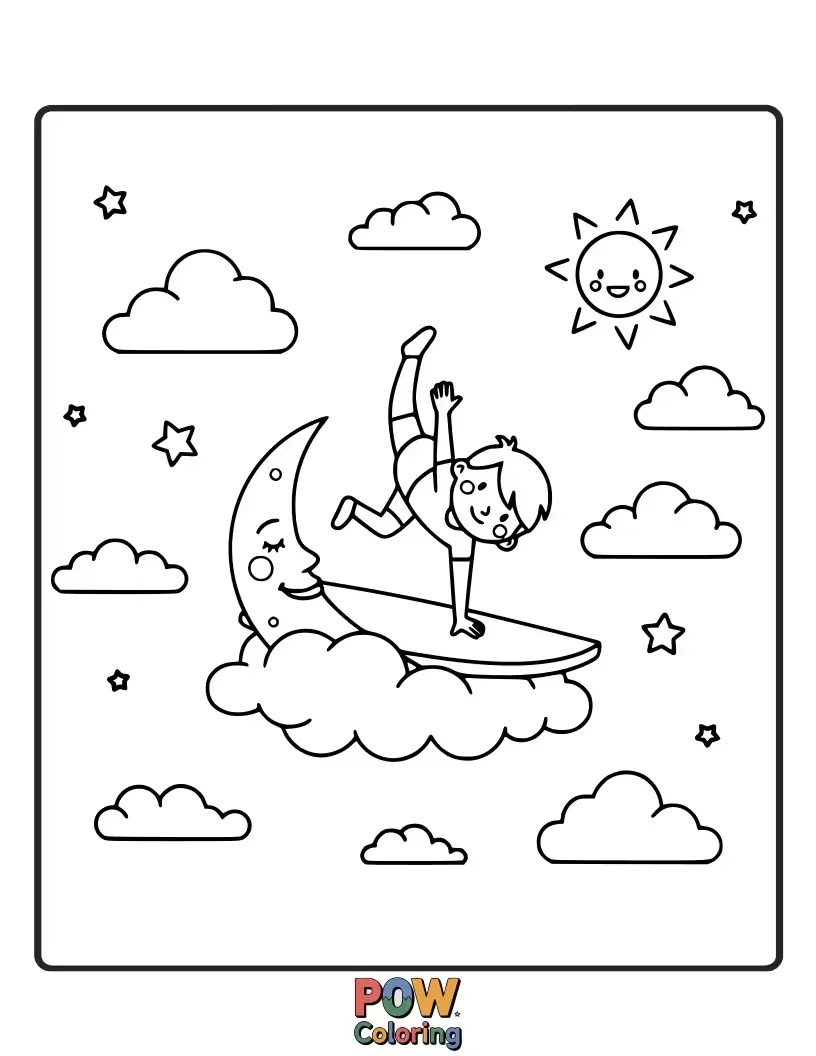 Free coloring page of Adorable characters riding on fluffy clouds, performing aerial acrobatics and graceful tumbles against a sky backdrop.