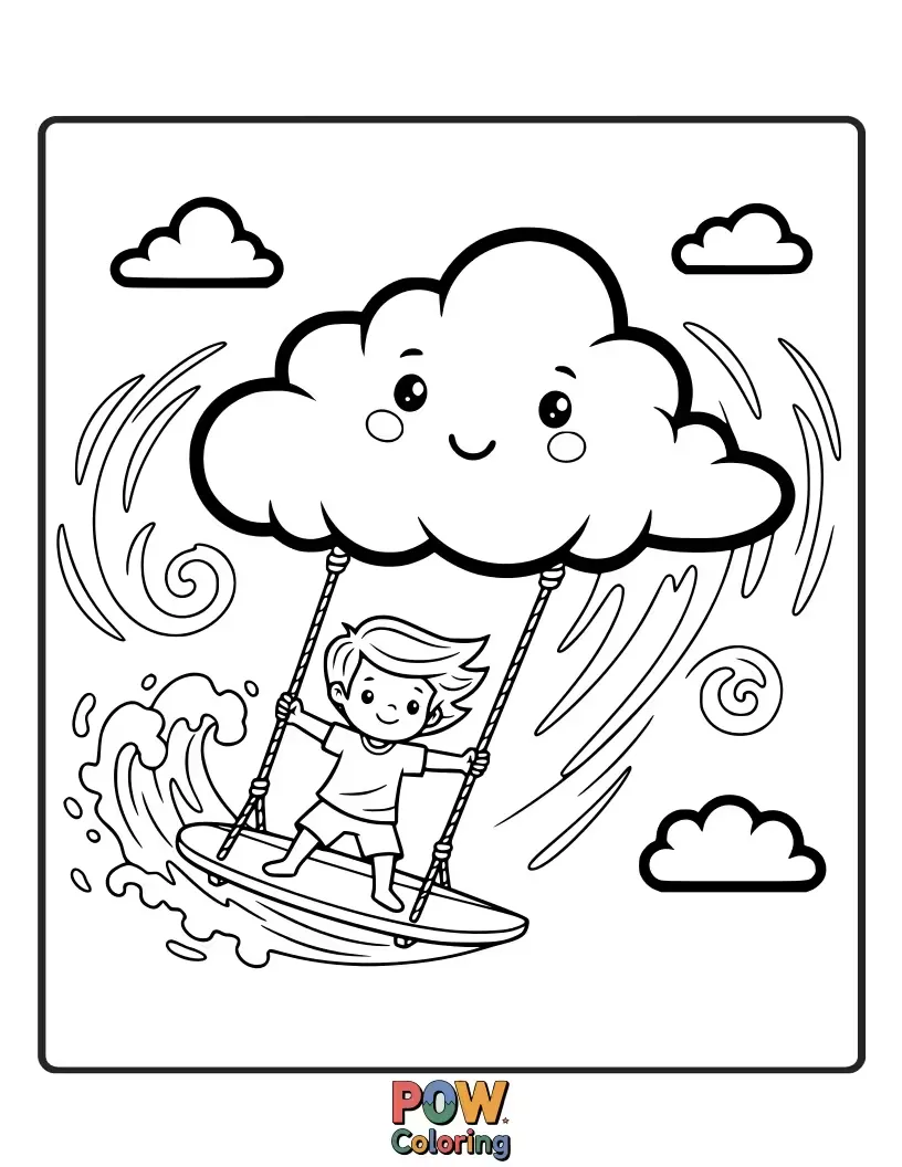 Free coloring page of A cheerful surfer kiddo rides a rainbow-colored cloud like a swing, catching imaginary waves in the sky.
