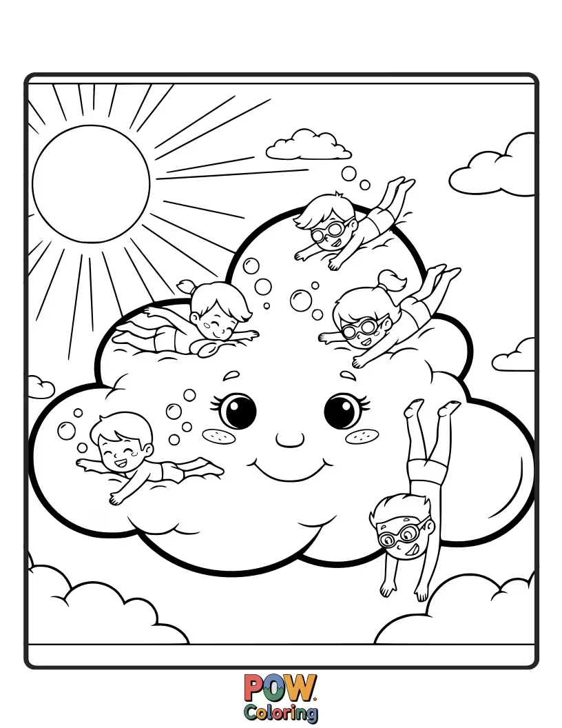 Free coloring page of A whimsical creature resembling a fluffy cloud enjoys a serene swim in a sky-blue, dreamlike pool.