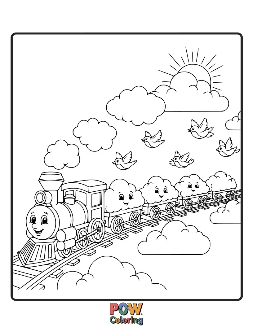 Free coloring page of A fluffy train made of clouds, chugging across a starry night sky. Imagine soft pastel colors for this dreamy ride.