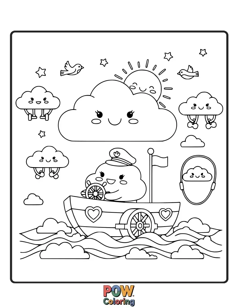 Free coloring page of A fluffy cloud happily floating on a treadmill in the sky, leaving a gentle rain shower below.
