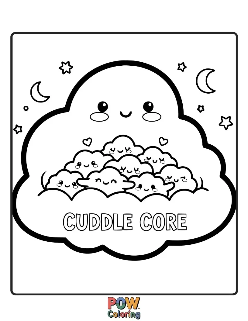 Free coloring page of A soft, cuddly cloud performing core exercises with tiny rainbow bands, looking utterly peaceful and serene.