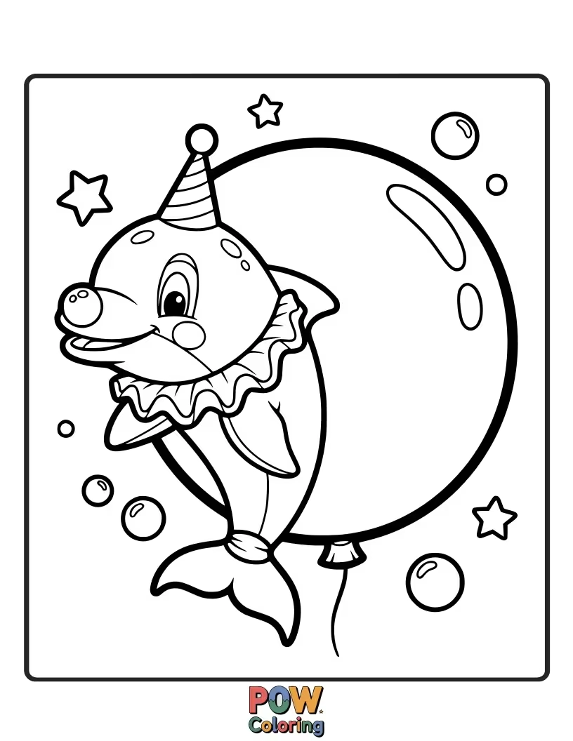 Free coloring page of This funny dolphin is a clown, making a balloon animal with a cheerful grin.