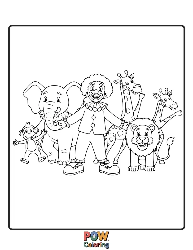 Free coloring page of A joyful clown leading a parade of friendly, cartoonish animals.