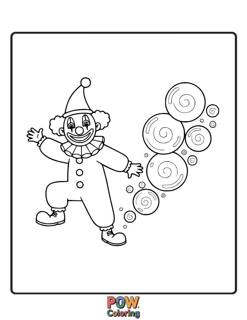 Free coloring page of A delighted clown blowing giant, iridescent bubbles that float around a whimsical landscape.