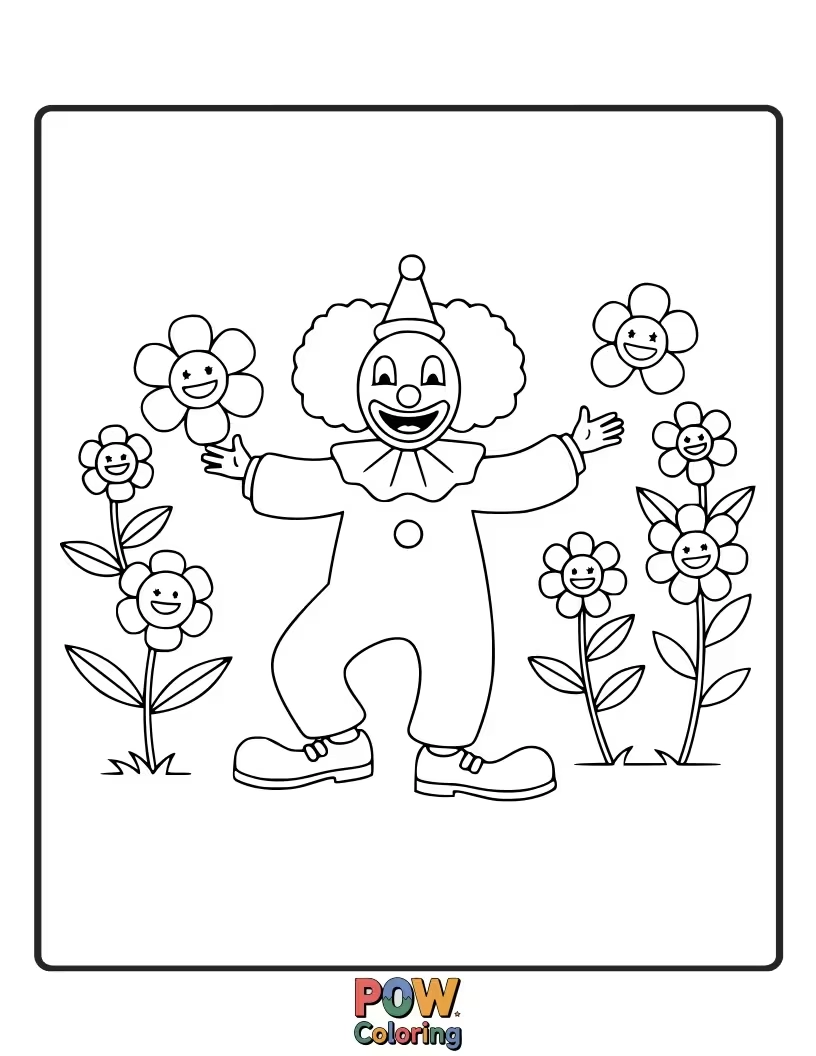 Free coloring page of A lively clown dancing with a bouquet of animated flowers that sway to the music.