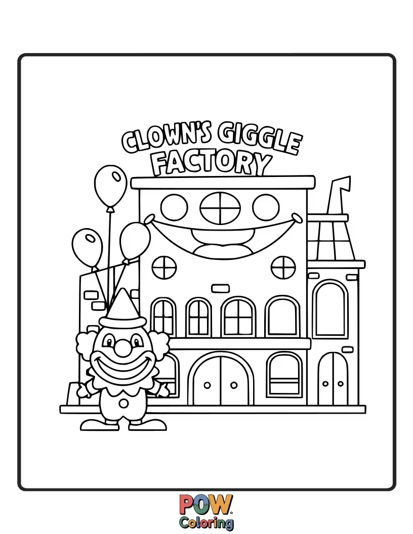 Free coloring page of This creative clown operates a fantastical factory that produces laughter and smiles.