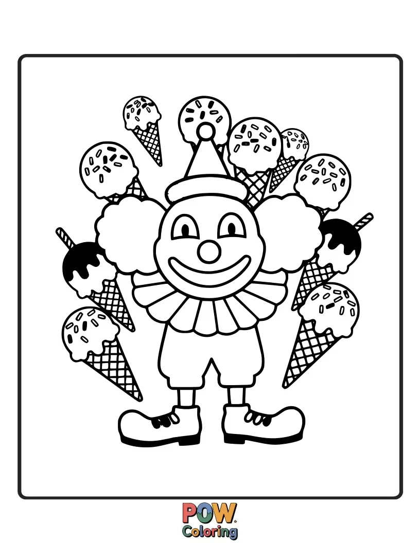 Free coloring page of A happy clown enjoying an enormous, multi-scoop ice cream cone, a sweet delight.