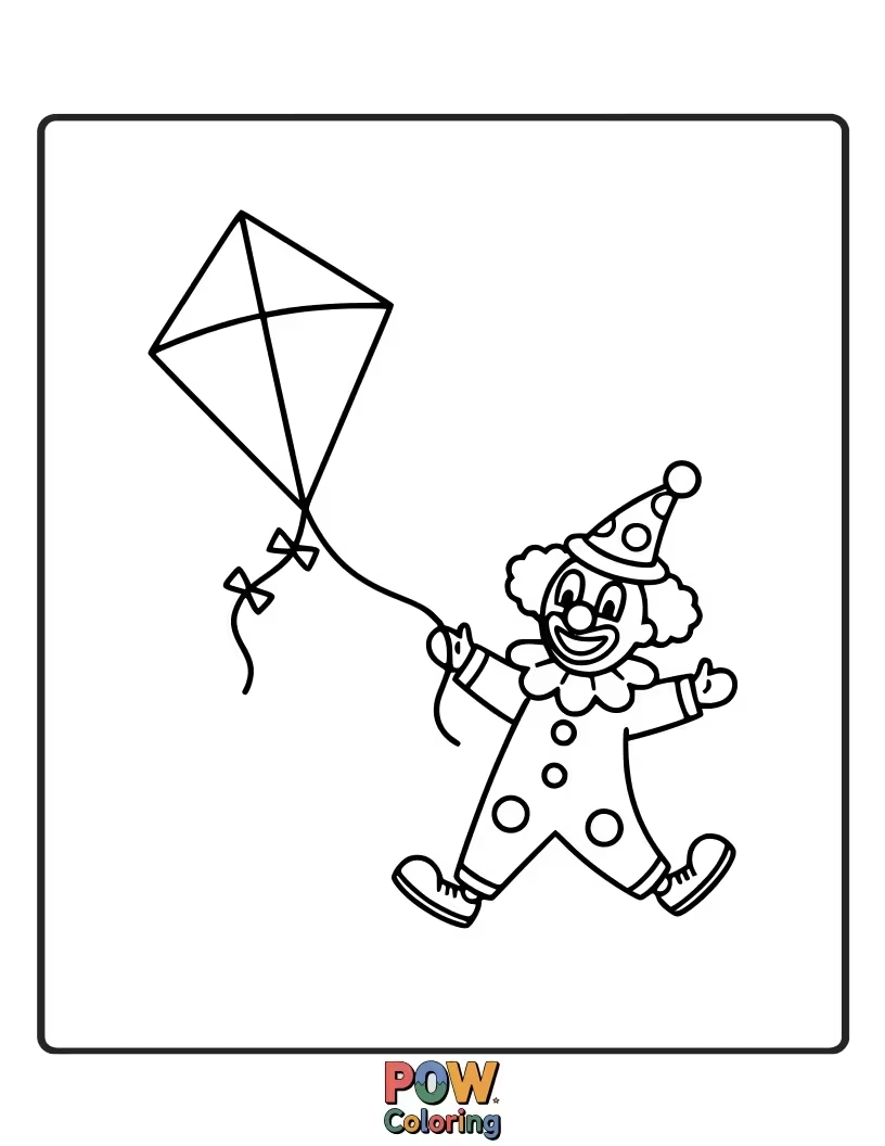 Free coloring page of A giggling clown flying a colorful, uniquely shaped kite high in a sunny sky.