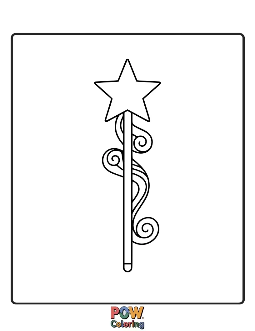 Free coloring page of A sparkly clown casting a spell with a star-tipped magic wand, creating colorful sparks.