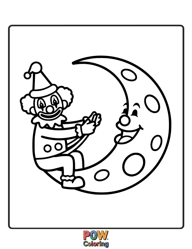 Free coloring page of A sleepy clown riding a crescent moon through a starry night sky, a dreamy scene.