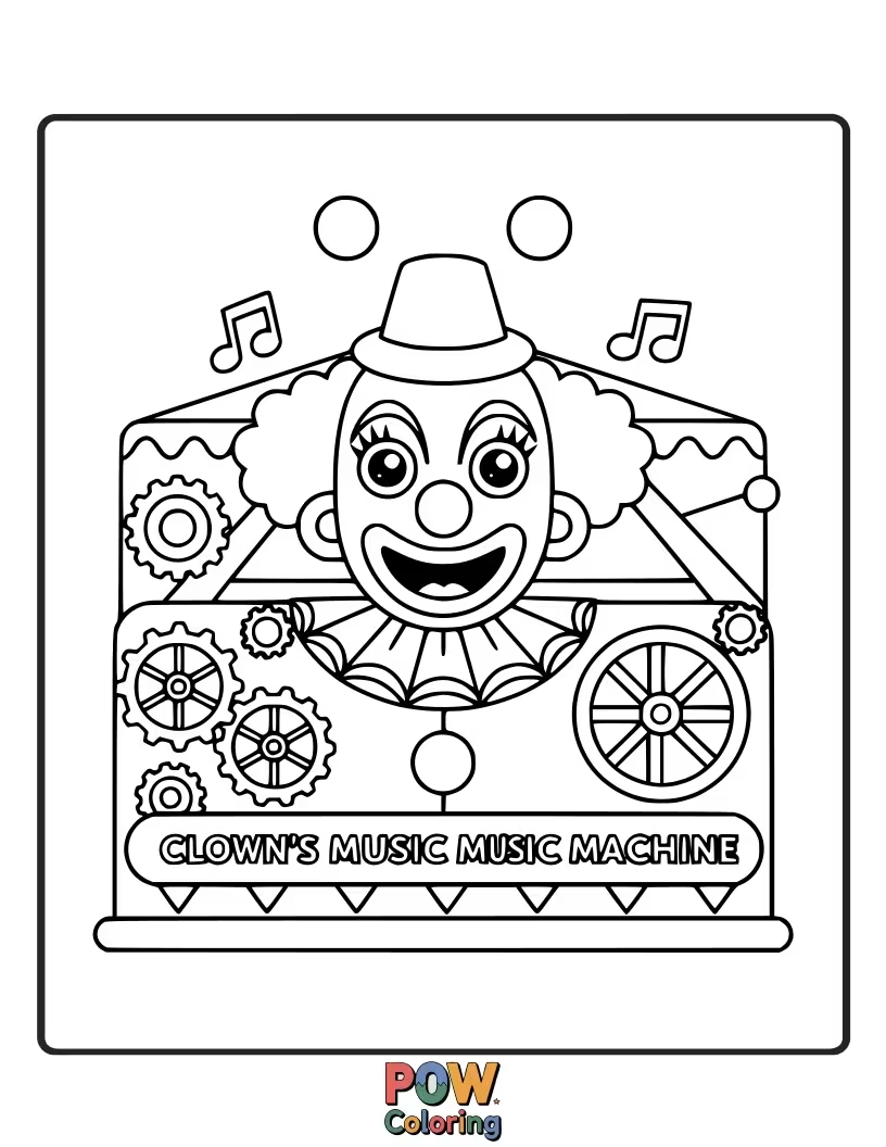 Free coloring page of This creative clown plays a whimsical, gear-filled musical instrument, waiting for your artistic touch.