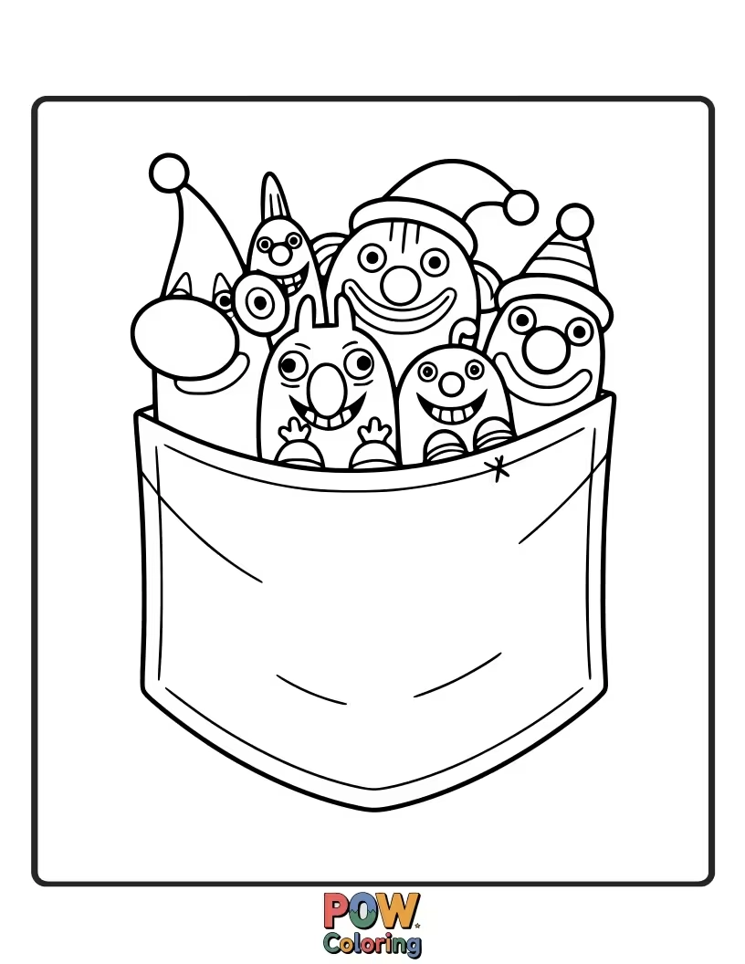 Free coloring page of A kind clown with adorable animal friends peeking out from their oversized pockets.