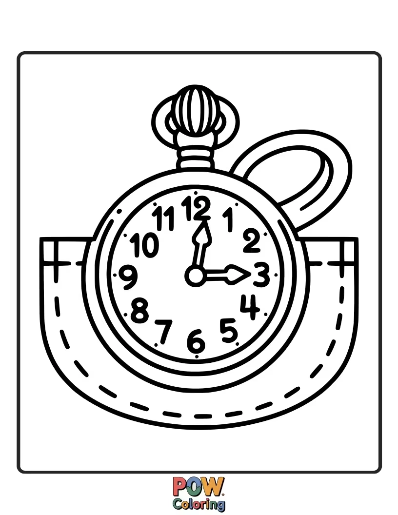 Free coloring page of A punctual clown checking an oversized, decorative pocket watch, ready for an adventure.