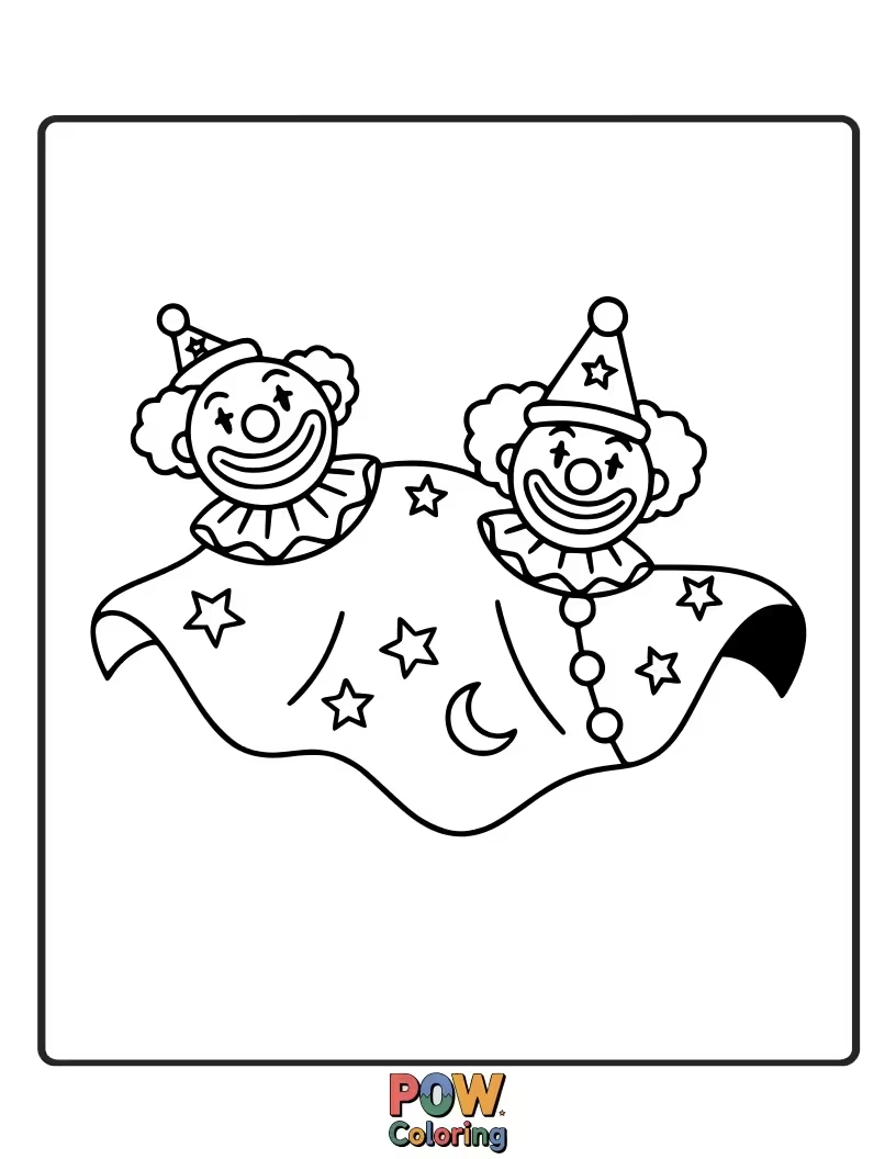 Free coloring page of A cozy clown snuggled under a blanket filled with twinkling stars and happy faces.