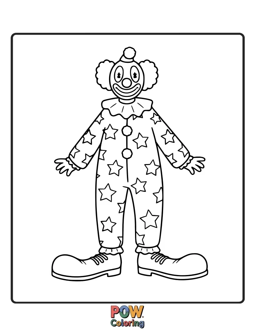 Free coloring page of A sleepy clown wearing cozy pajamas covered in stars and moons, ready for bedtime.