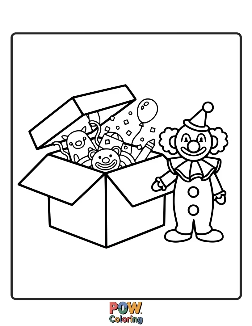 Free coloring page of A curious clown peeking into a magical box overflowing with colorful surprises.