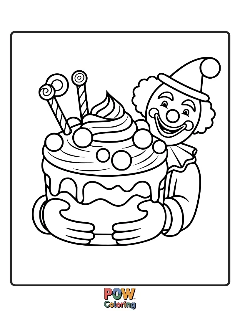 Free coloring page of A charming clown sharing oversized, delectable cupcakes and cookies, a delicious coloring opportunity.