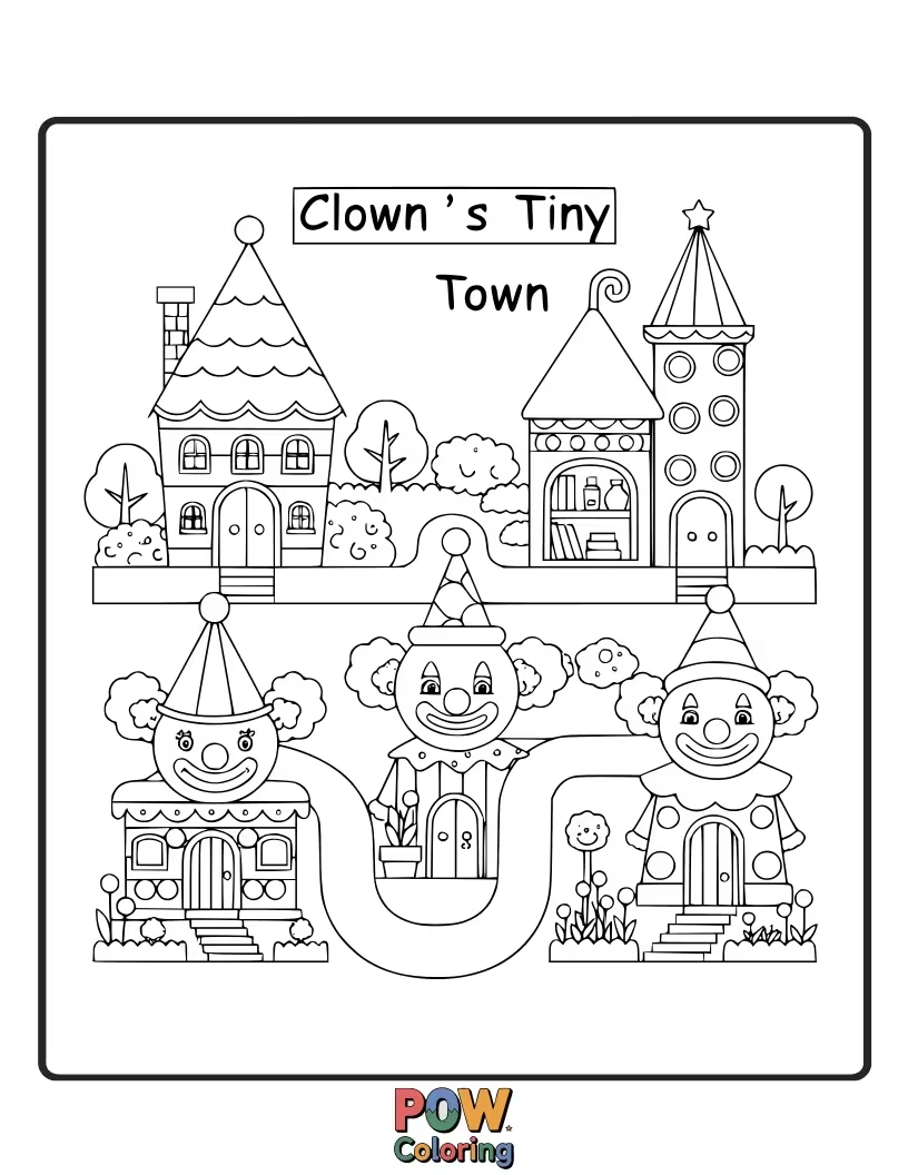 Free coloring page of A whimsical clown observing a miniature town filled with tiny houses and characters.