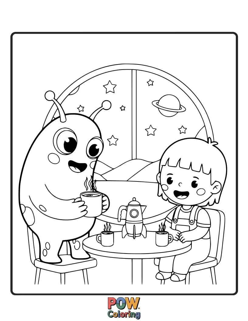 Free coloring page of A friendly alien holding a coffee cup, exploring Earth's favorite beverage.