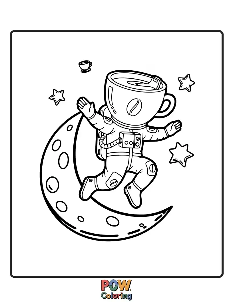 Free coloring page of An astronaut floating in space, holding a zero-gravity coffee cup.