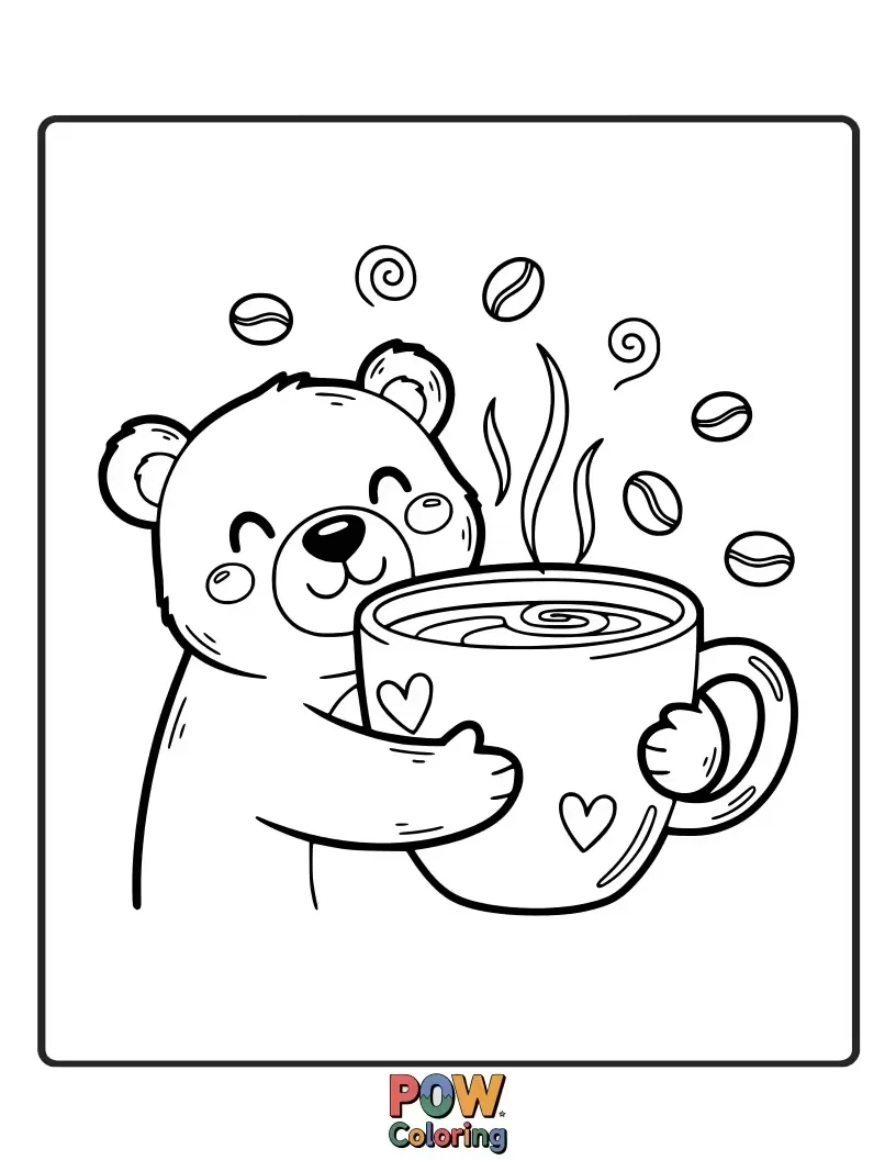 Free coloring page of A cuddly bear giving a giant hug to a steaming coffee mug.