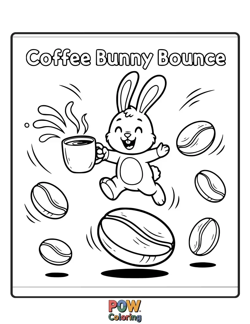 Free coloring page of A bouncy bunny with a coffee cup backpack, ready for an energetic morning adventure.