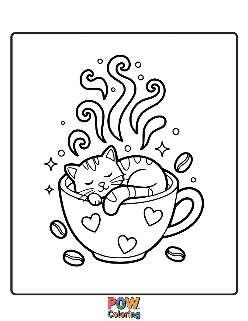 Free coloring page of A sleepy cat curled up in a coffee mug, dreaming of beans.