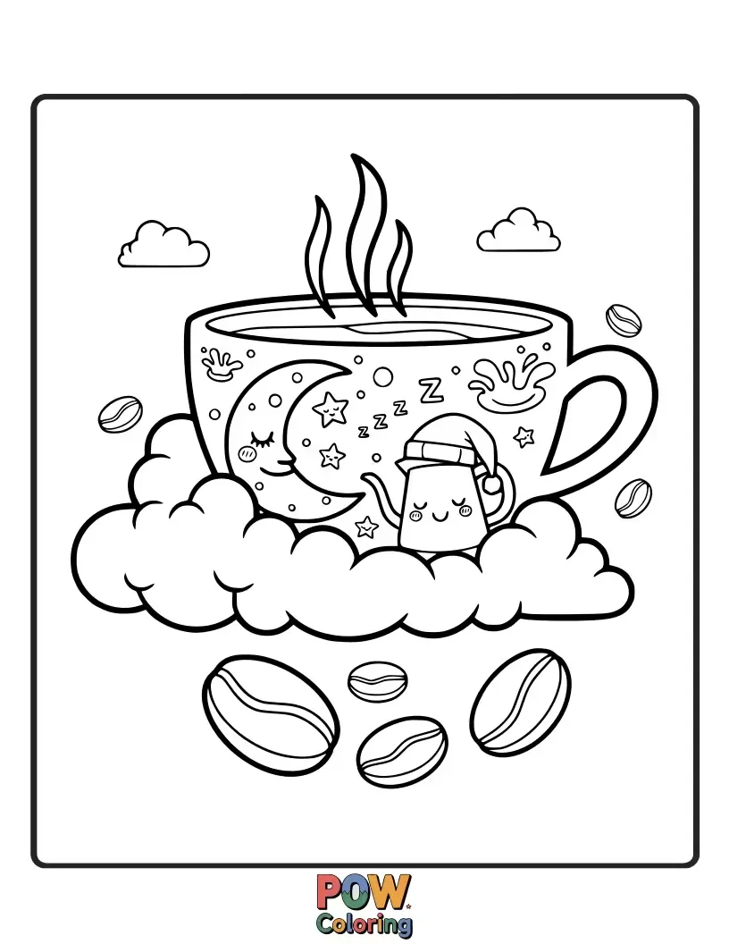 Free coloring page of A fluffy cloud shaped like a coffee cup, raining down tiny beans.