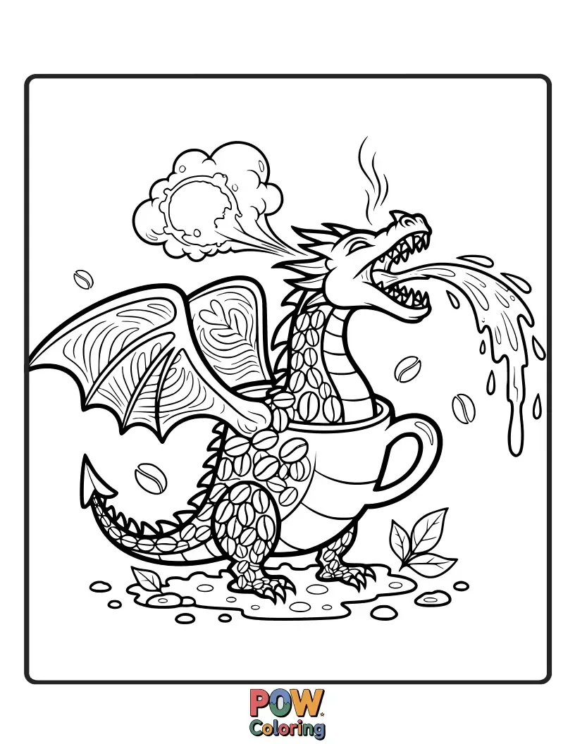 Free coloring page of A tiny, friendly dragon breathing steam from a coffee cup.