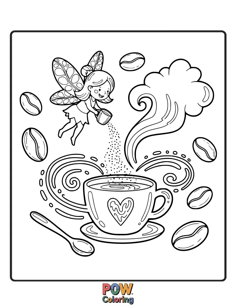 Free coloring page of A tiny fairy sprinkling coffee bean dust over a sleeping flower.