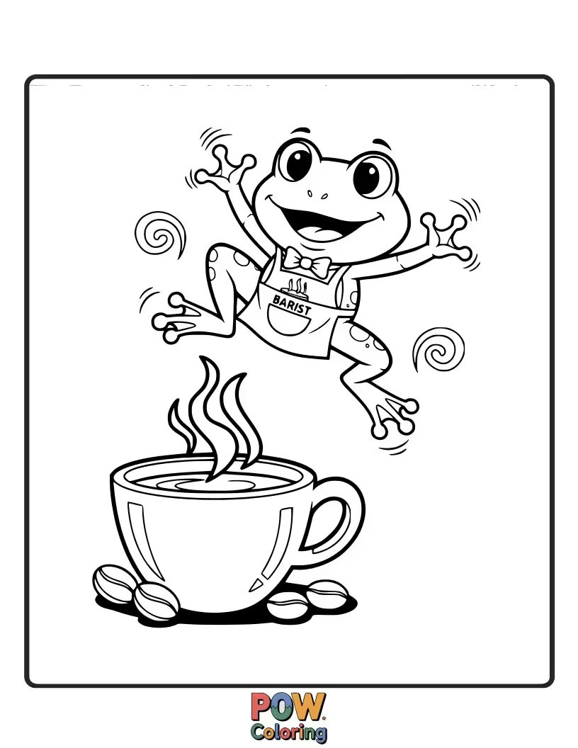 Free coloring page of A frog leaping into a mug of coffee, ready for a morning jumpstart.