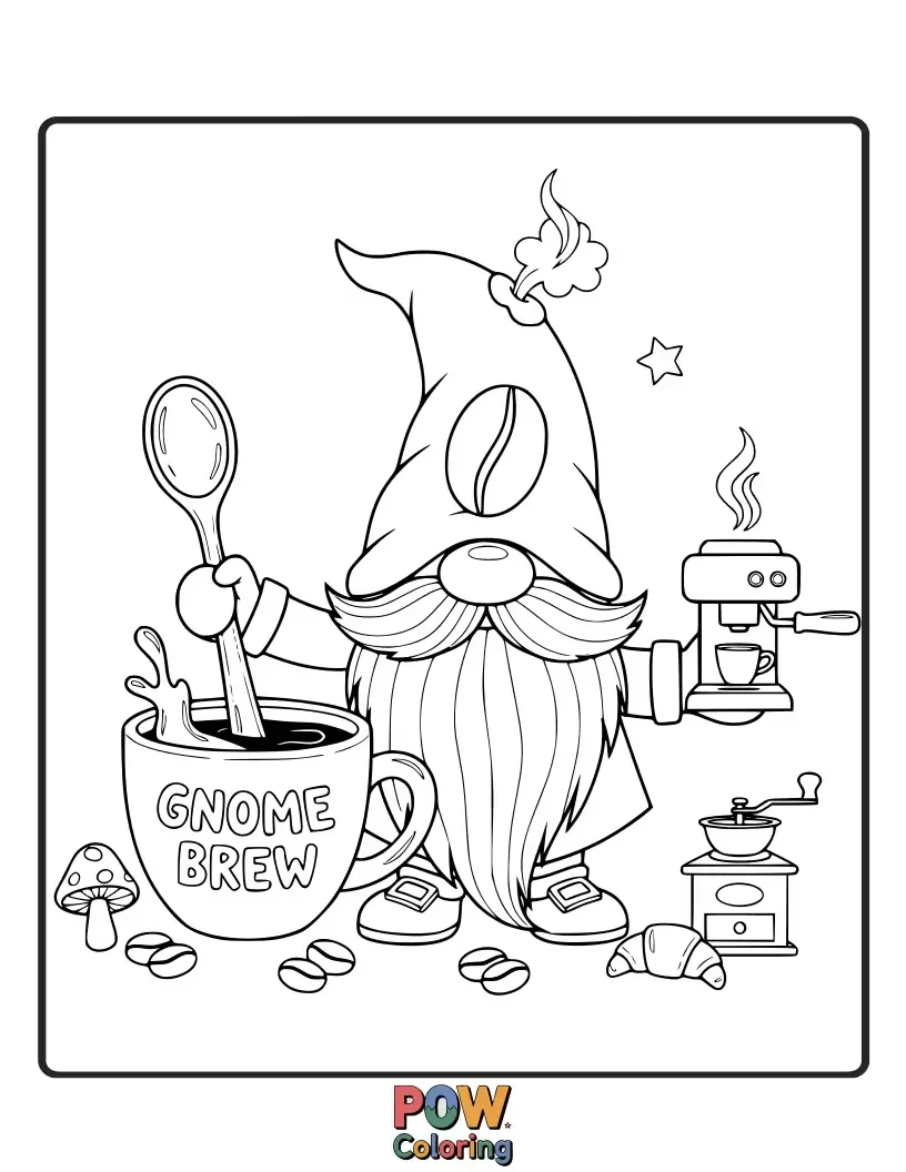 Free coloring page of A cheerful gnome stirring a giant pot of coffee, ready to share his magical brew.