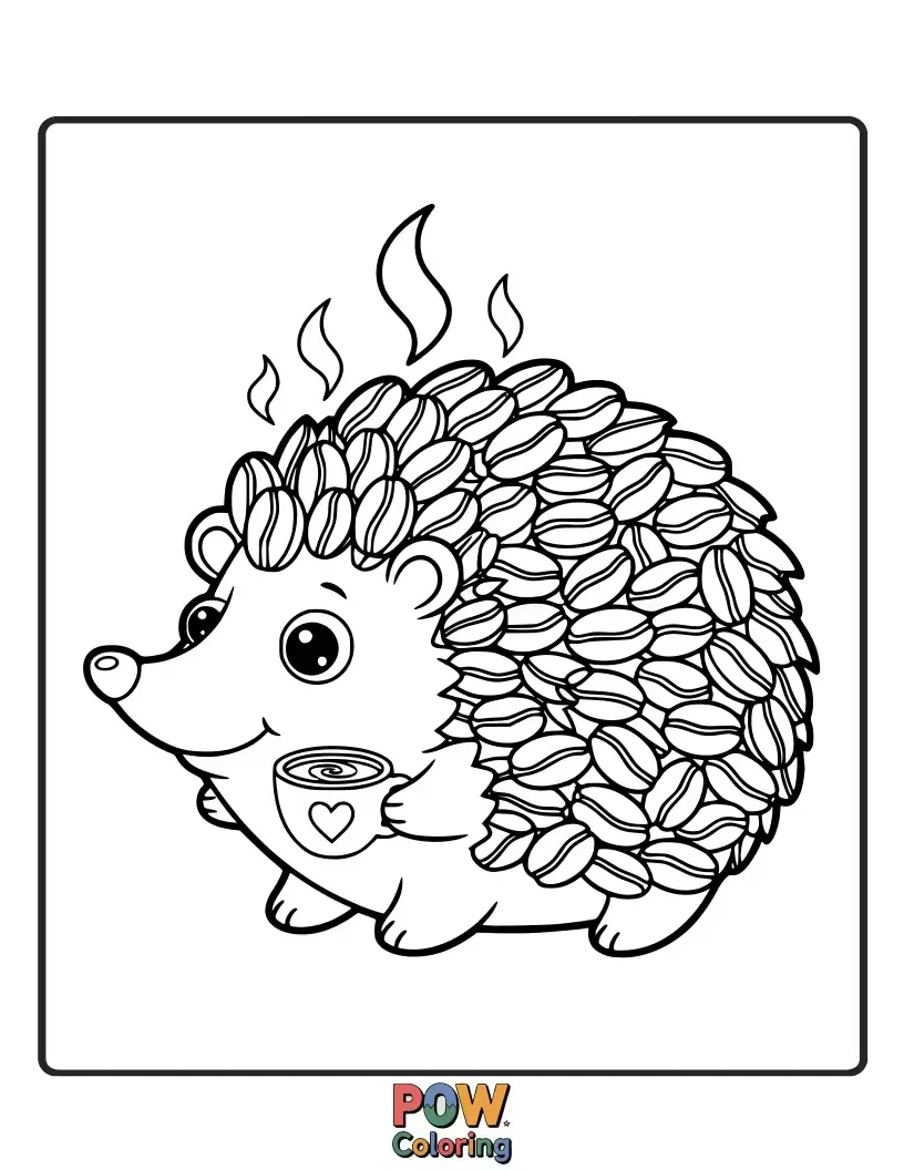 Free coloring page of A shy hedgehog peeking out from behind a large coffee bean.