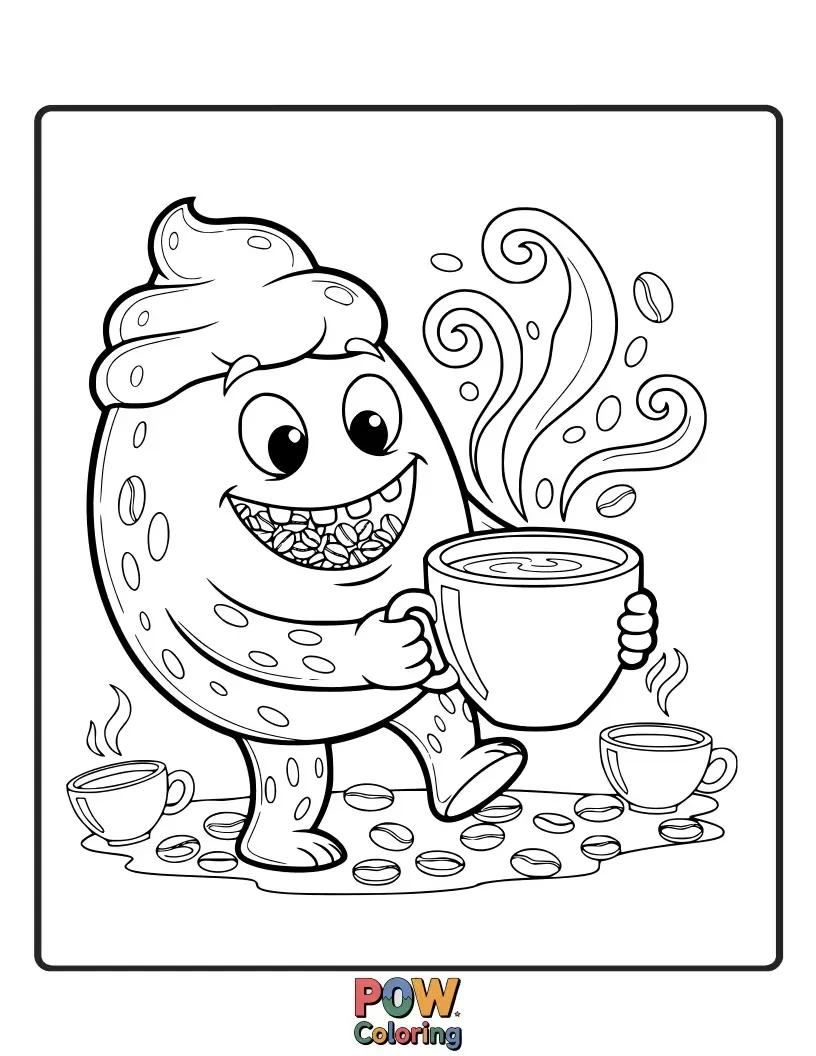 Free coloring page of A goofy monster with multiple arms, happily devouring coffee beans.
