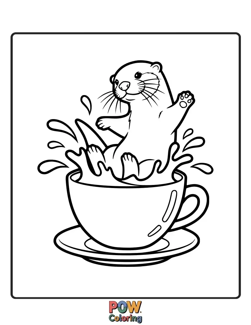 Free coloring page of A playful otter juggling coffee beans in a steamy mug.