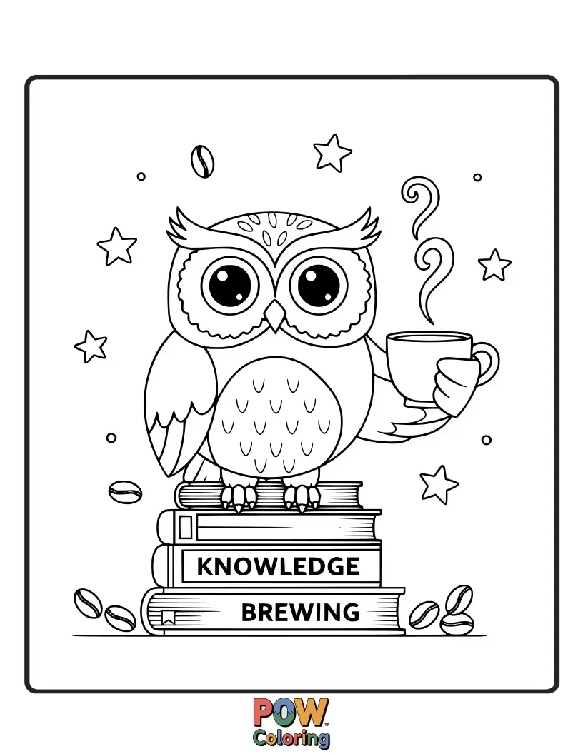 Free coloring page of A wise owl perched on a coffee bean, sharing its morning enlightenment.