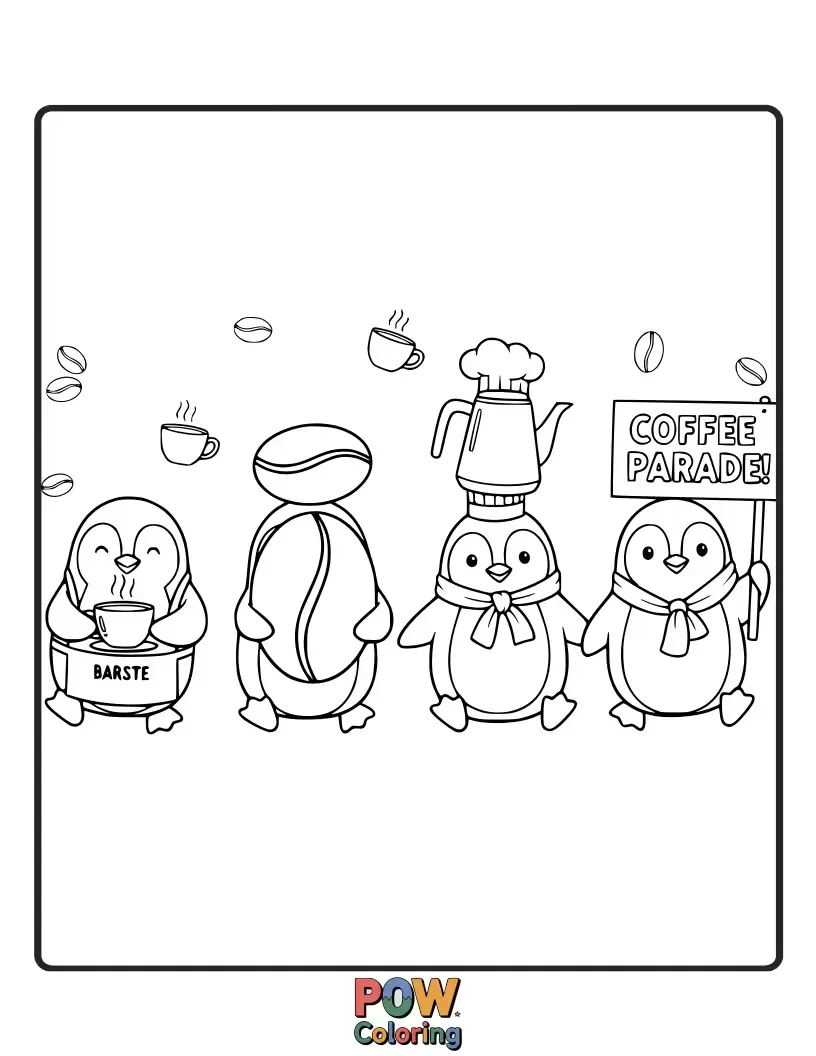 Free coloring page of Adorable penguins in tiny hats marching with miniature coffee cups.