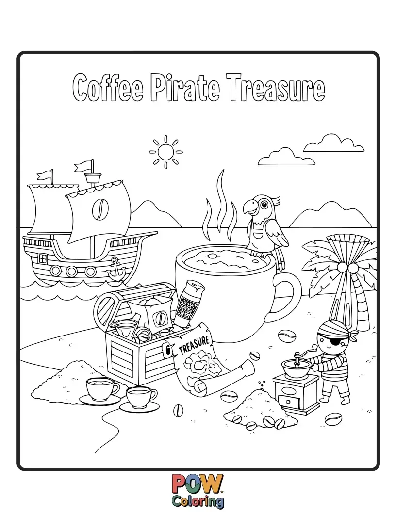 Free coloring page of A pirate captain with an eye patch, guarding a chest overflowing with coffee beans.