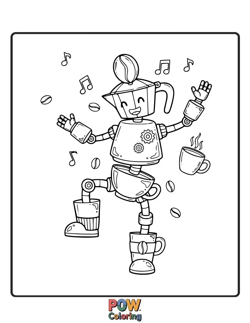 Free coloring page of A lively robot busting a move while holding a coffee cup.