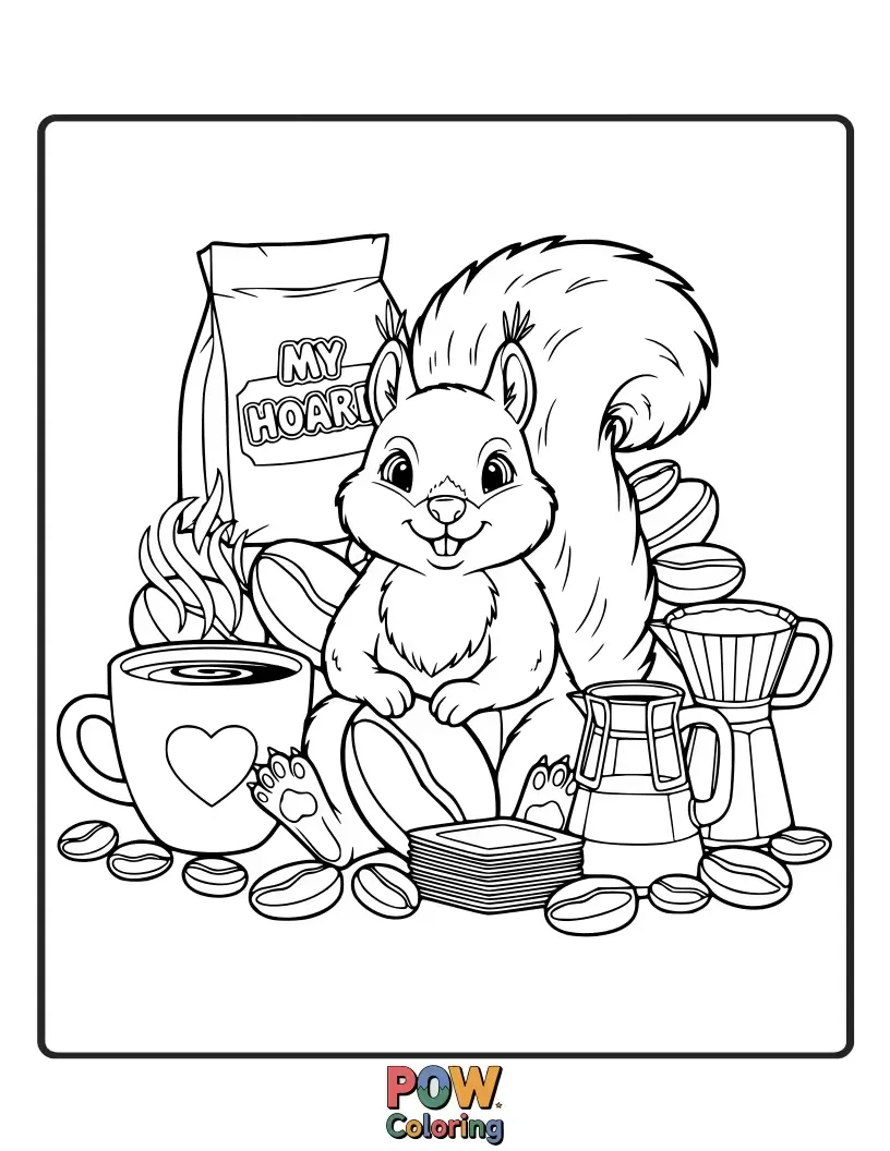 Free coloring page of A busy squirrel hiding coffee beans in a tree hollow, preparing for winter.