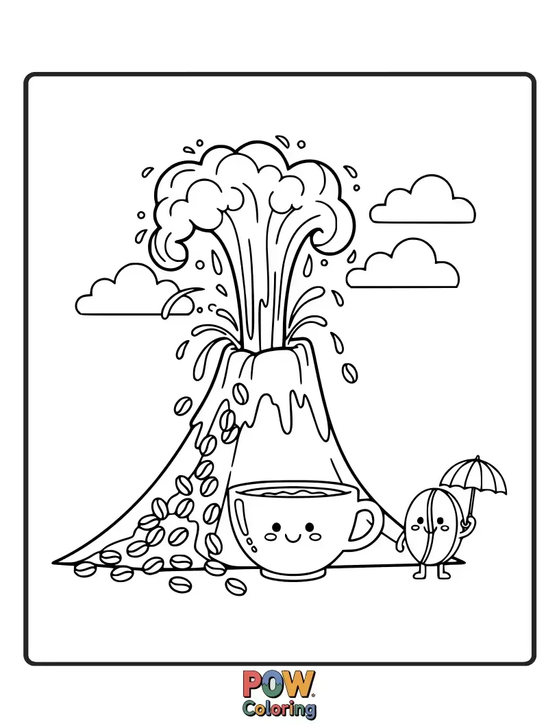 Free coloring page of A miniature volcano erupting with coffee, steam, and beans.