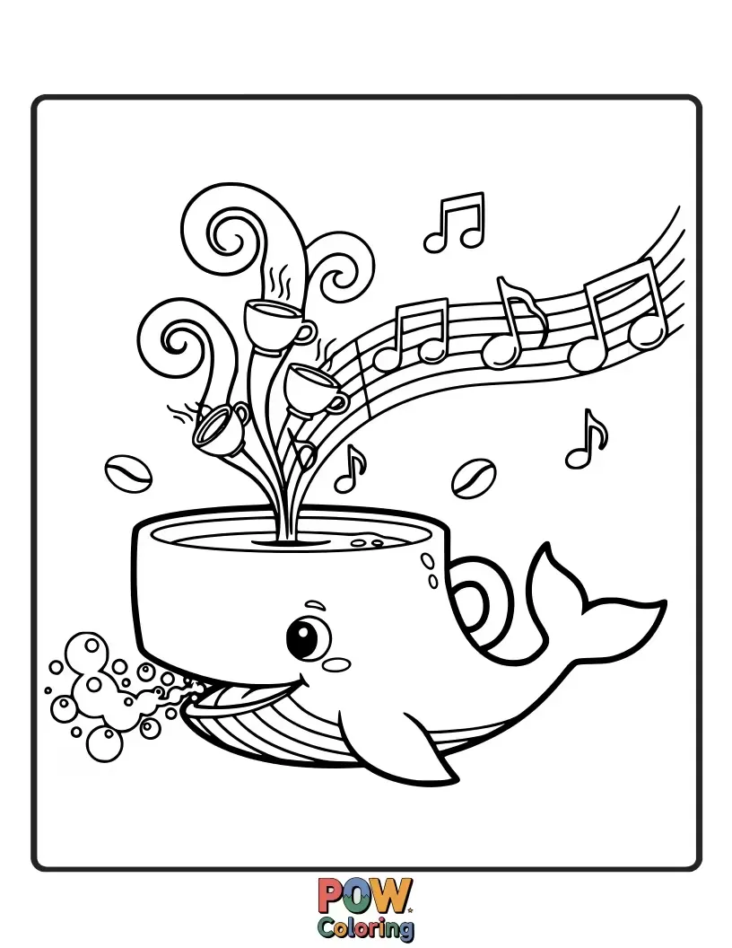Free coloring page of A majestic whale blowing a spout of coffee steam from its blowhole.