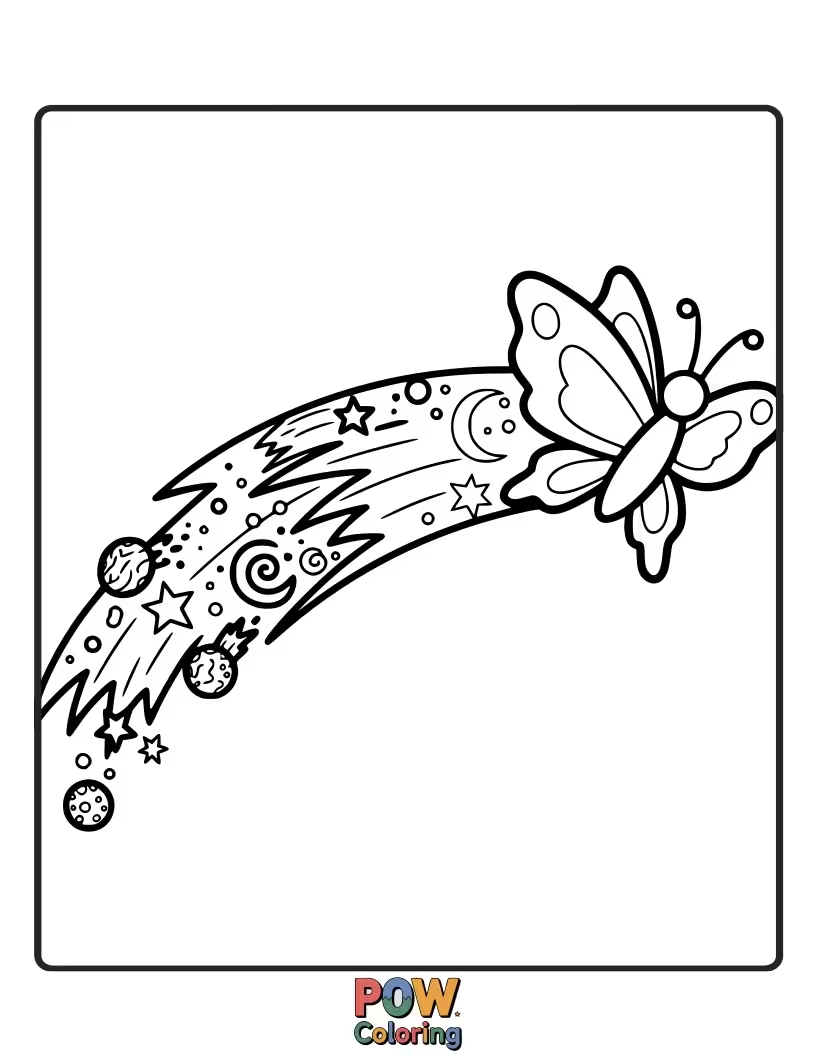Free coloring page of A speedy butterfly with fiery comet tail wings, streaking across the night sky leaving a trail of stardust.