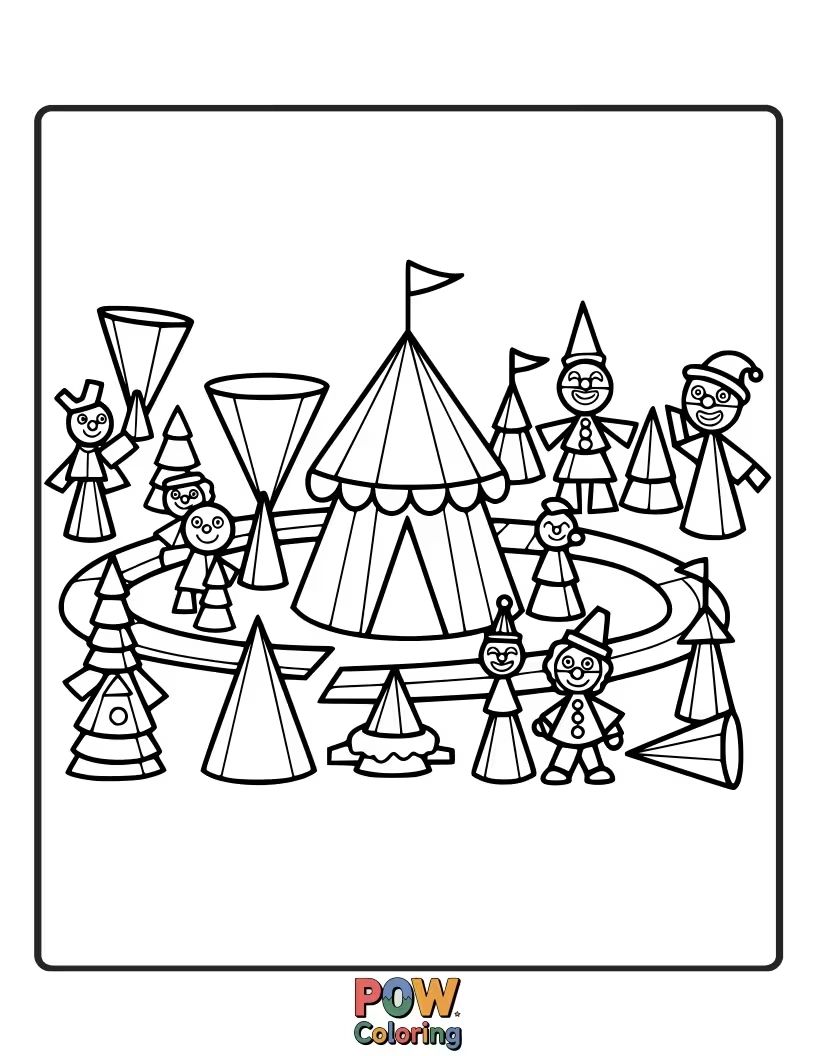 Free coloring page of A lively carnival scene filled with cones, from ice cream to party hats, celebrating this pointy 3D shape.