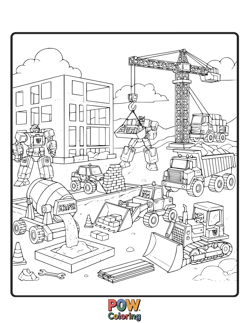 Free coloring page of The Constructicons working together on a construction site, each with their unique vehicle parts visible.