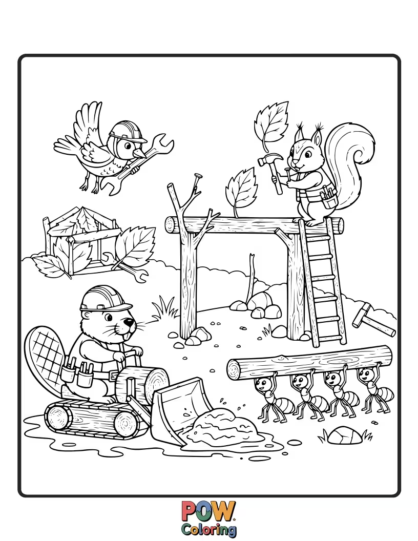 Free coloring page of Tiny animals in hard hats use their tools to build a whimsical, miniature structure. Cute and charming!