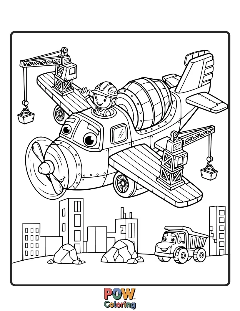 Free coloring page of A sturdy construction airplane with a cement mixer nose and a crane wing, helping build a sky-high city.