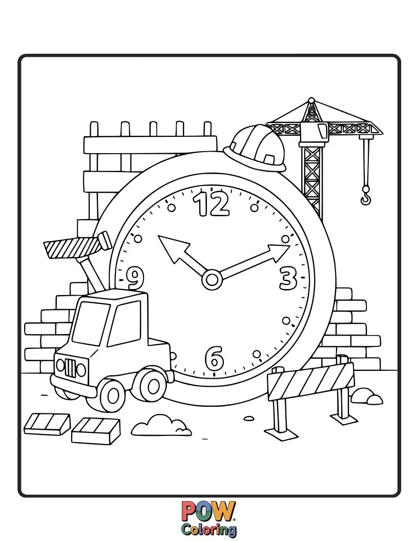 Free coloring page of An exciting clock with diggers, trucks, and building elements for young builders.