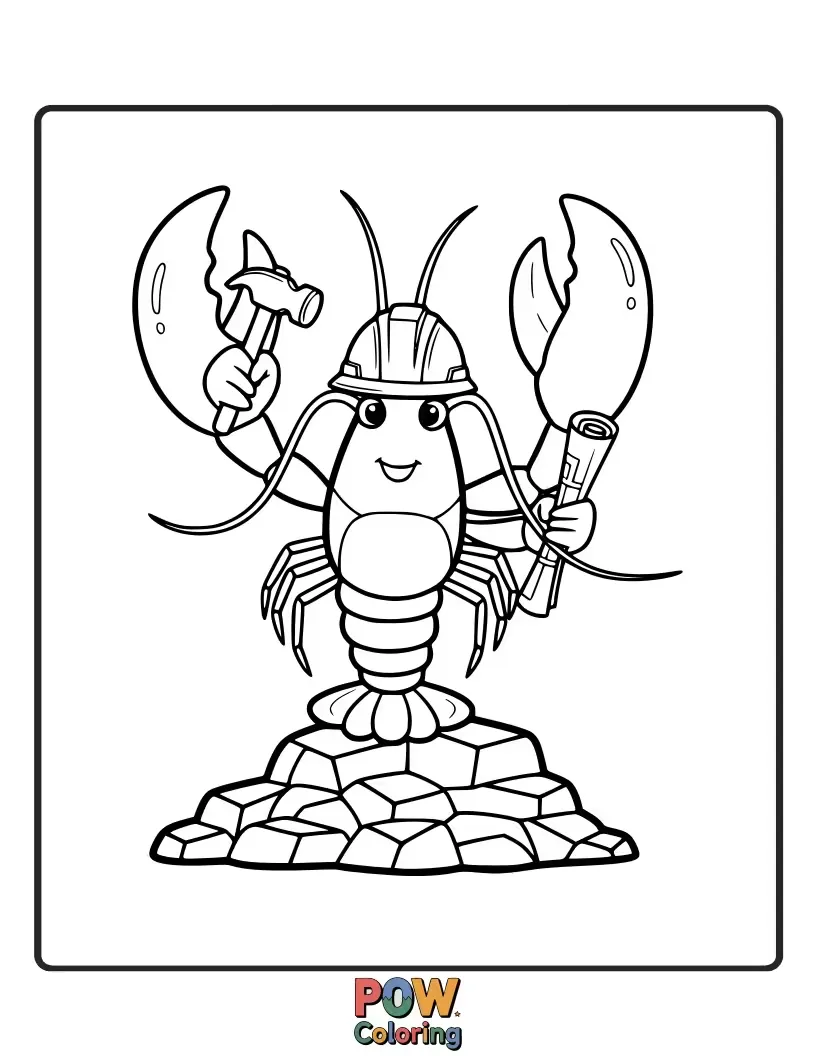 Free coloring page of A busy lobster in a hard hat, operating a tiny crane, building magnificent sandcastles on the seabed.